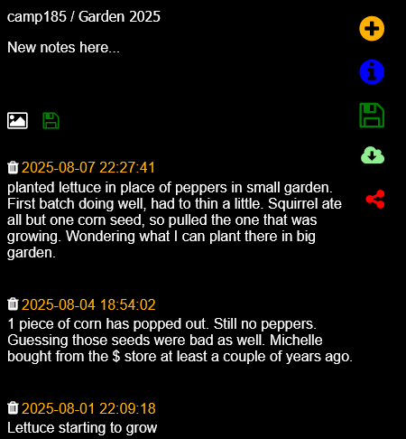 screenshot of a garden log